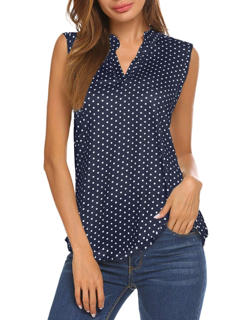Halife Womens Tops and Blouse Sleeveless Loose Fit V Neck Tank Tops Navy Blue S - Image 1